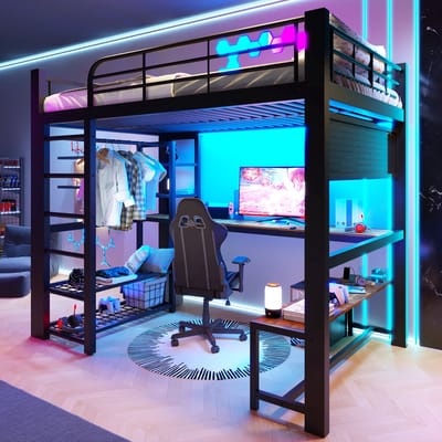 Sweiko Hoogslaper - 140 × 200 cm - Metalen frame - LED-verlichting - Met opbergplank - Bureau -Zwart