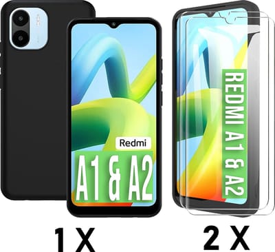 Casemania Hoesje Geschikt voor Xiaomi Redmi A1 / A2 - Zwart 2X Glazen Screenprotectors - Siliconen Back Cover