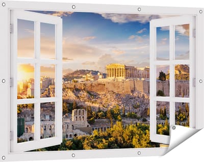 Gards Tuinposter Doorkijk Akropolis van Athene, Griekenland - Architectuur - 120x80 cm - Tuindoek - Tuindecoratie - Wanddecoratie buiten - Tuinschilderij