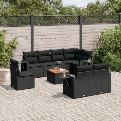 vidaXL - 9-delige - Loungeset - met - kussens - poly - rattan - zwart