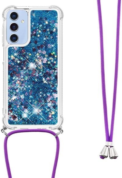 Coverup Hoesje - Geschikt voor Samsung Galaxy A26 Hoesje - Coverup Liquid Glitter Back Cover met Koord - Blauw
