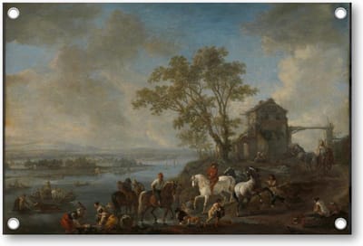 Paardenwed bij een rivier - Tuinposter 90x60 - Wanddecoratie - Philips Wouwerman - Meesterwerken