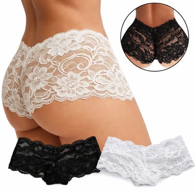 Set van 2 Sexy Kanten Slipjes Met Bloem Patroon I 1 x Zwart & 1 x Wit I Erotisch Indergoed I Sexy String I Maat L