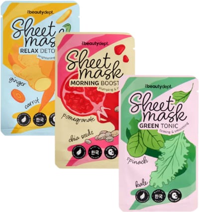 The Beauty Dept. Sheet mask - Koreaanse Gezichtsmasker - Set van 3 | 3x 20ml - Morning Boost - Relax Detox - Green Tonic | Korean Beauty Sheetmask - Hydraterend - Verzachtend - Herstellend