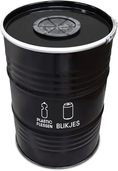 BinBin Duo glasrozet zwart 200 Liter olievat afvalscheiding prullenbak| grote afvalbak| blikjes- flessen inzameling| inzamelbak blikken | Flessen | statiegeld blikken-flessen | Horeca afvalbak