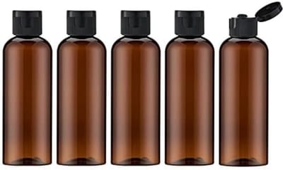 Famanu – Barnsteen reisflessenset met flip cap (5 stuks) - lege dispenser - plastic flessenset - vulflessen voor cosmetica met trechter (bruin) 100 ml