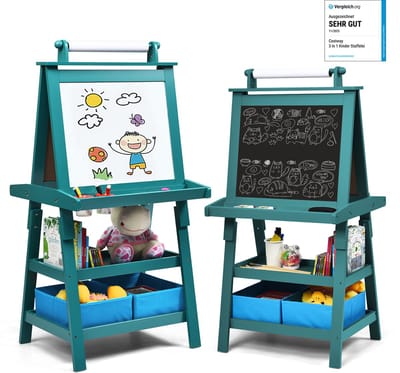 COSTWAY 3-in-1 kinderschildersezel, kinderbord dubbelzijdig, whiteboard & krijtbord & tekenpapier, staande tafel incl. magneten, 2 legplanken, houten bord met 2 opbergdozen (blauw)