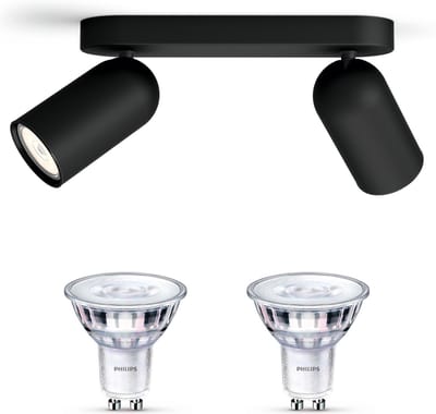 Philips Pongee Opbouwspot (Zwart) - Warmwit Licht - Plafondspot met 2 Lichtpunten - GU10 - SceneSwitch - Eenvoudig Dimbaar met Je Klassieke Schakelaar