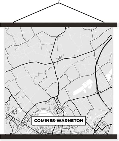 Posterhanger incl. Poster 60x60 cm - Schoolplaat - België – Comines Warneton – Stadskaart – Kaart – Zwart Wit – Plattegrond - Textielposter - Zwarte latten - Stadskaart
