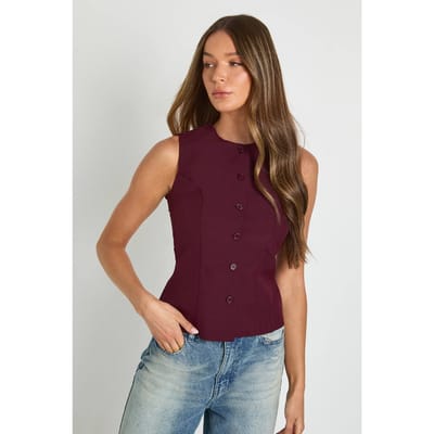 boohoo Dames Vest met hoge kraag, knoopsluiting en getailleerde snit | Wijn | Maat: 36