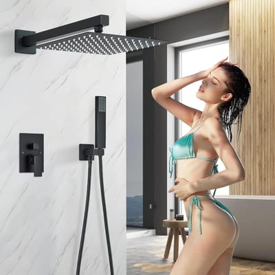 Regendouche Systeem Mat Zwart Vierkant 16 Inch Douchekop met Handdouche Ruw in Valve Regendouche Complete Combo Set Wandmontage Badkamer