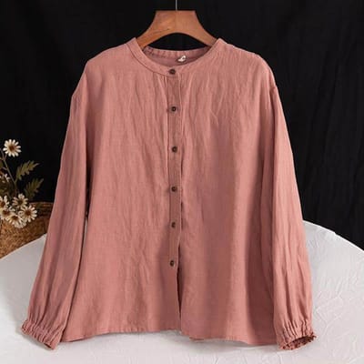 Chemise à col rond pour femme Haut ample Fermeture à une rangée de boutons Poignets Boutonnés Chemise en coton et lin Manteau fin décontracté Harajuku Littéraire et artistique Rétro Printemps Automne M