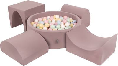 KiddyMoon Foam speeltuin PPZP-OK30D-135 met ballen heide: pastelblauw-pastelgeel-wit-mint-poederroze zwembad 200/groef/tunnel/ramp L/semi-glijbaan L speeltuin