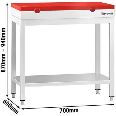 GGM Gastro Edelstahl Arbeitstisch PREMIUM - 700x600mm - mit Grundboden - inkl. Schneideplatte Rot