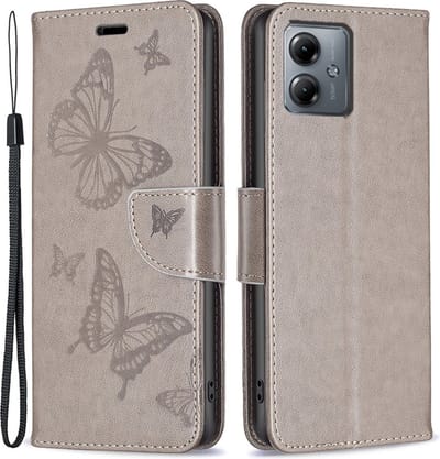 Coverup Hoesje - Geschikt voor Motorola Moto G14 Hoesje - Coverup Vlinders Book Case - Taupe Grijs