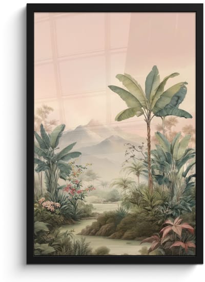 Poster in lijst - Fotolijst 40x60 cm - Posters - Tropisch landschap - palmbomen - Bloemen - Roze lucht - Posterlijst zwart - Decoratie - Wanddecoratie woonkamer - Muurdecoratie slaapkamer