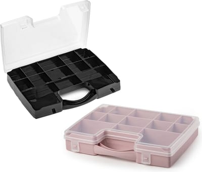 Forte Plastics - 2x opberg vakjesdoos/Sorteerboxen - 13-vaks kunststof - 27 x 20 x 3 cm - zwart en oud roze