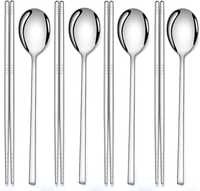 4 Paar RVS Eetstokjes en Lepel Set, Herbruikbaar Keukenbestek met Lange Handgreep voor Thuis, Restaurant of Picknick