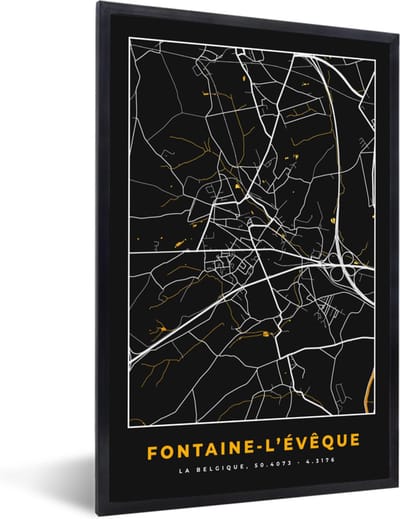 Fotolijst incl. Poster - Fontaine-L'Évêque - Plattegrond - Goud - Kaart - Stadskaart - 40x60 cm - Posterlijst