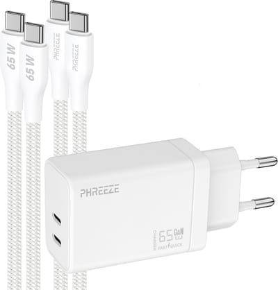 Phreeze 65 W usb C laptop oplader - Dual usb C poorten - Power Delivery GaN charger met 2 usb C naar usb C kabels 1 m