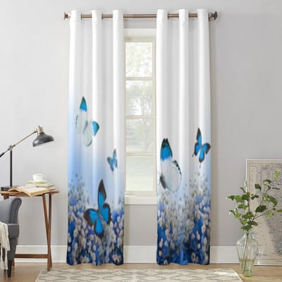 Blauwe Hortensia En Vlinders Raamgordijnen Voor Woonkamer Keuken Moderne Gordijnen Huisdecoratie Jaloezieën Drapes 135W x 60H(cm) x1 white