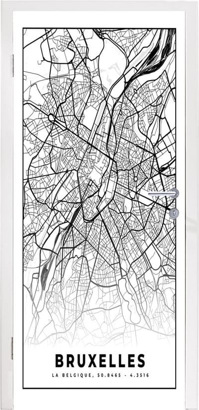 Deursticker Stadskaart – Zwart Wit - Kaart – Bruxelles – België – Plattegrond - 95x235 cm - Deurposter