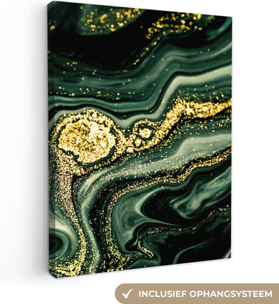 Canvas schilderij 30x40 cm - Wanddecoratie Marmer - Goud - Glitter - Groen - Marmerlook - Luxe - Muurdecoratie woonkamer - Slaapkamer decoratie - Kamer accessoires - Schilderijen op canvas