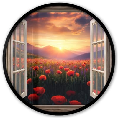Poster in lijst Rond - Fotolijst 40x40 cm - Posters - Doorkijk - Klaprozen - Bloemen - Rood - Open raam - Ronde posterlijst zwart - Decoratie - Wanddecoratie woonkamer - Muurdecoratie slaapkamer
