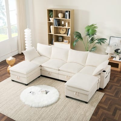 Sweiko L-vormige bank - Corduroy - USB-poorten - Opbergruimte - Met bekerhouder - Hoekbank - Beige