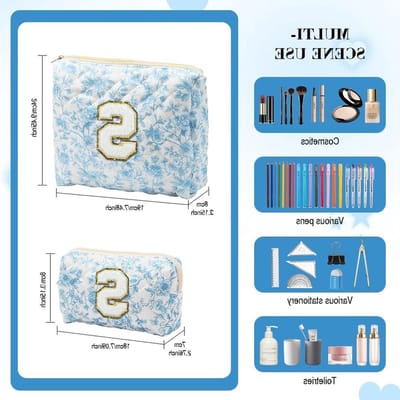 Set van 2 Make-up Tassen met Initalen, Gequilt Bloemontwerp voor Vrouwen, Perfect voor Reizen, Bruidsmeisjes en Dagelijks Gebruik, Inclusief Kleine Penseel Etui