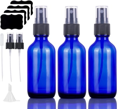 Set van 3 blauwe glazen sprayflessen voor schoonmaak, planten en cosmetica