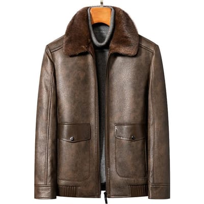 Winter Heren Bont Als Een Leren Jas Mannelijk Zakelijk Casual Gewatteerd Verdikt Middelbaar Revers Leren Jas Jas Bont XXXXL donkerbruine kleur