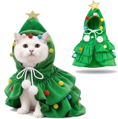 Dailygoods- Kerstkostuum voor Katten - Kerstcape met Ster/Pompon - Groene Kerstoutfit - Honden/Katten Kostuum - Cosplay voor Feestjes - Maat M - Huisdierenkostuum