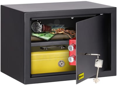 HomeSafe HV25K Meubelkluis met Sleutelslot 3mm Stalen Deur Zwart RAL 9005 Inclusief Uitneembare Plank en Tapijt Mechanische Veiligheidskluis voor Documenten Geld en Sieraden met Montagebouten Privékluis Geen Batterijen Nodig