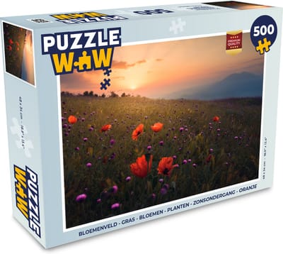 Puzzel Bloemenveld - Gras - Bloemen - Planten - Zonsondergang - Oranje - Legpuzzel - Puzzel 500 stukjes