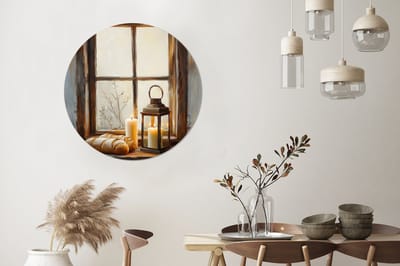 WallCircle - Wandcirkel - Muurcirkel - Stilleven - Rustiek - Kaarsen - Broden - Raam - Aluminium - Dibond - 90x90 cm - Binnen en Buiten