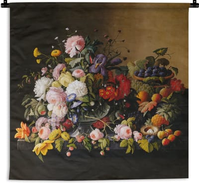 Wandkleed - Wanddoek - Stilleven met bloemen en fruit - Kunstwerk - Oude meesters - 180x180 cm - Wandtapijt