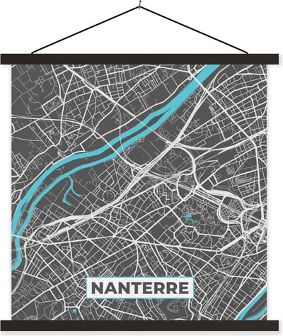 Posterhanger incl. Poster 60x60 cm - Schoolplaat - Nanterre - Plattegrond - Kaart - Stadskaart - Frankrijk - Textielposter - Zwarte latten - Stadskaart