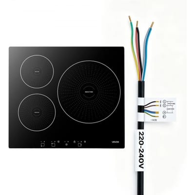 VEVOR 3-zone inductiekookplaat, inbouw inductiekookplaat, 6200 W, 9 vermogensniveaus, LED-touchscreen, glaskeramisch oppervlak en kinderbeveiliging, voor keuken en camper