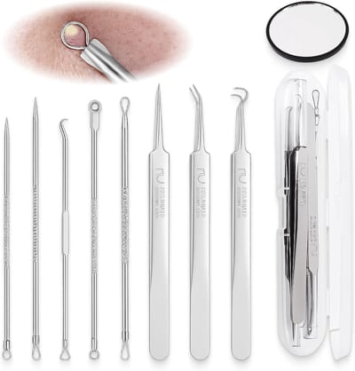 Professionele Set van 9 Pimple Tools voor Acne en Comedon Verwijdering, RVS, Dubbelzijdig, Hygiënisch en Duurzaam met Opbergdoos