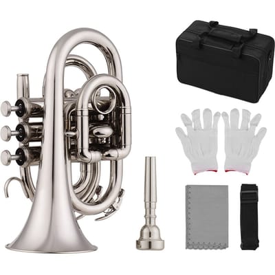 Mini Zak Trompet Bb Flat Messing Materiaal Blaasinstrument met Mondstuk Handschoenen Reinigingsdoek Draagtas zilver
