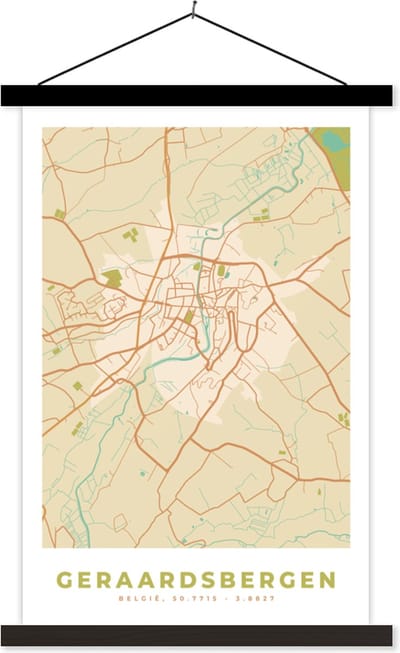 Posterhanger incl. Poster 40x60 cm - Schoolplaat - Geraadsbergen - Stadskaart - Plattegrond - Kaart - Vintage - Textielposter - Zwarte latten - Stadskaart