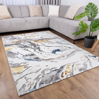 Wit en Goud Tapijt Laagpolig Vloerkleed Koho Marbella - 280x380cm- Modern - Woonkamer - Salon - Slaapkamer - Eetkamer