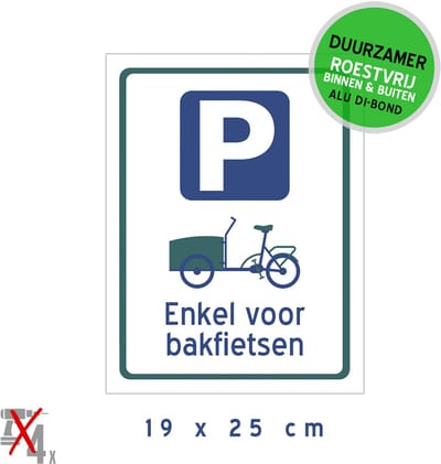 Pictogram/ bord Dibond | Parkeerplaats - "Enkel voor bakfietsen" | 19 x 25 cm | Fietsen | Fietsenstalling | Carbobike | Vrachtfiets | Stalling | Fietsers | Duurzaam | Roestvrij | 1 stuk