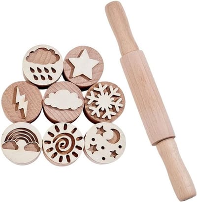9-delige Houten Stempels Set met Rolpin voor Klei, Weer Thema Stempels voor DIY Projecten en Klei Snijden
