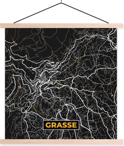 Posterhanger incl. Poster 40x40 cm - Schoolplaat - Grasse - Plattegrond - Frankrijk - Kaart - Stadskaart - Textielposter - Blanke latten - Stadskaart