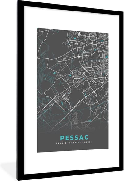 Fotolijst incl. Poster - Pessac - Frankrijk - Stadskaart - Kaart - Plattegrond - 80x120 cm - Posterlijst
