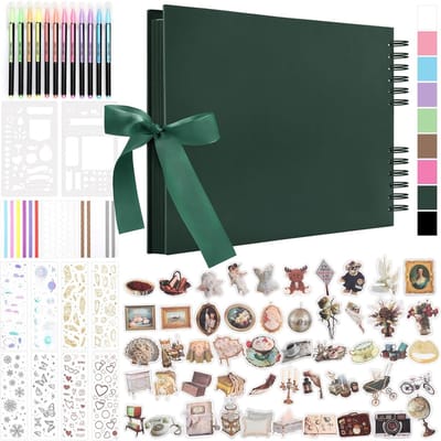 DIY Scrapbook Foto Album met 80 Pagina's, Hardcover en Ribbons, Inclusief Stiften en Stickers voor Creatieve Projecten en Knutselen, Donkergroen