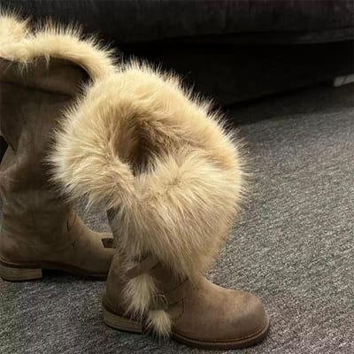 Bont Hoge Laarzen Dames Designer Hakken Suède Schoenen Gesp Mode Warme Sneeuwlaarzen Nieuw Comfort Winter Wandelen Dames Enkellaarsjes 39 beige