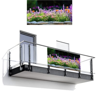 Balkonscherm 200x110 cm - Balkonposter Bloemen - Steenrand - Kleurrijk - Balkon scherm decoratie - Balkonschermen - Balkondoek zonnescherm